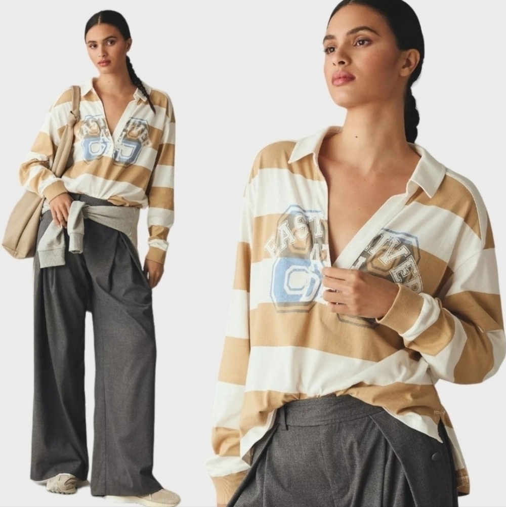 Pilcro Rugby Oversized Tan Stripe Long Sleeve Shirt. - Picture 11 of 14